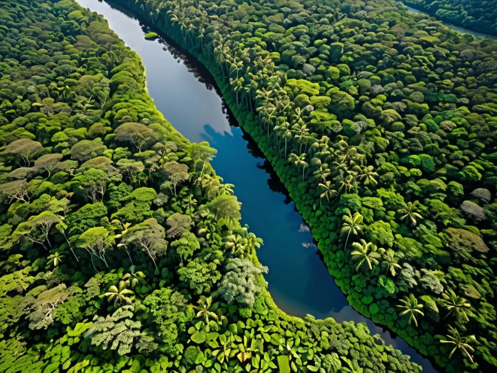 Vista aérea de exuberante selva con río serpenteante