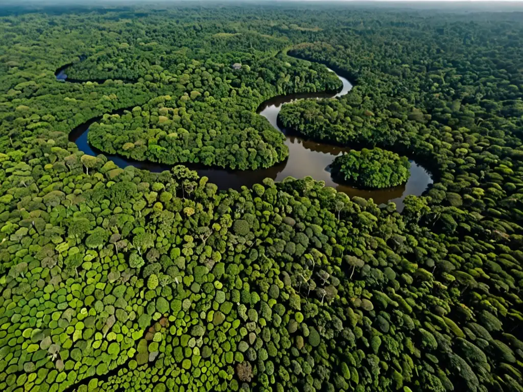 Vista aérea de la exuberante selva amazónica en Colombia, con ríos serpenteantes y una rica vegetación