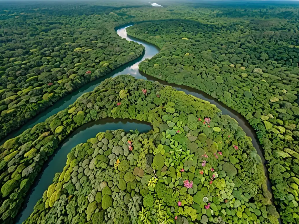 Vista aérea de exuberante selva tropical con diversidad de árboles y río serpenteante