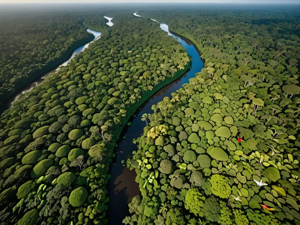 Vista aérea de la exuberante selva amazónica con rica biodiversidad, destacando la protección legal ante catástrofes naturales