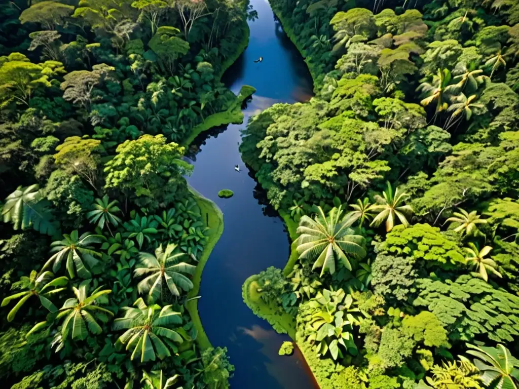 Vista aérea de exuberante selva con diversa vegetación y río serpenteante