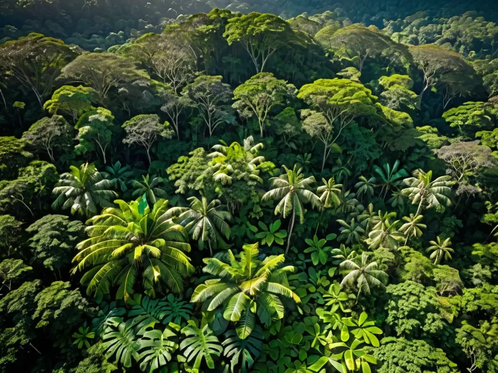 Vista aérea de exuberante selva tropical con diversa vegetación verde