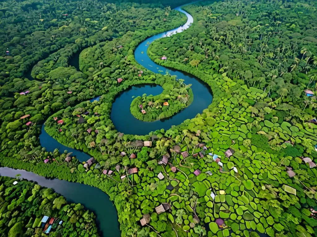 Vista aérea de exuberante selva amazónica con río serpenteante