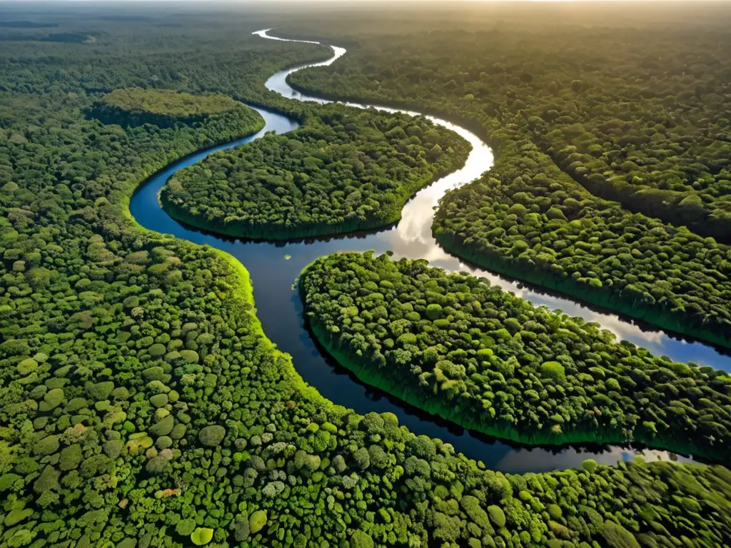 Vista aérea de la exuberante selva amazónica, con ríos serpenteantes y un dosel iluminado por el sol