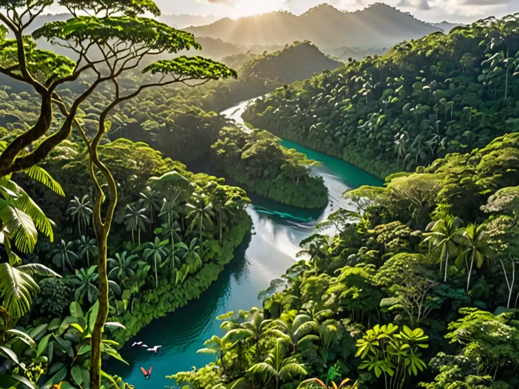 Vista aérea de exuberante selva tropical con río serpenteante