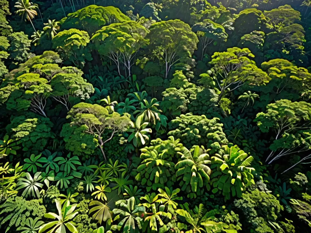 Vista aérea de la exuberante selva tropical, con una diversidad de árboles, follaje verde vibrante y aves exóticas