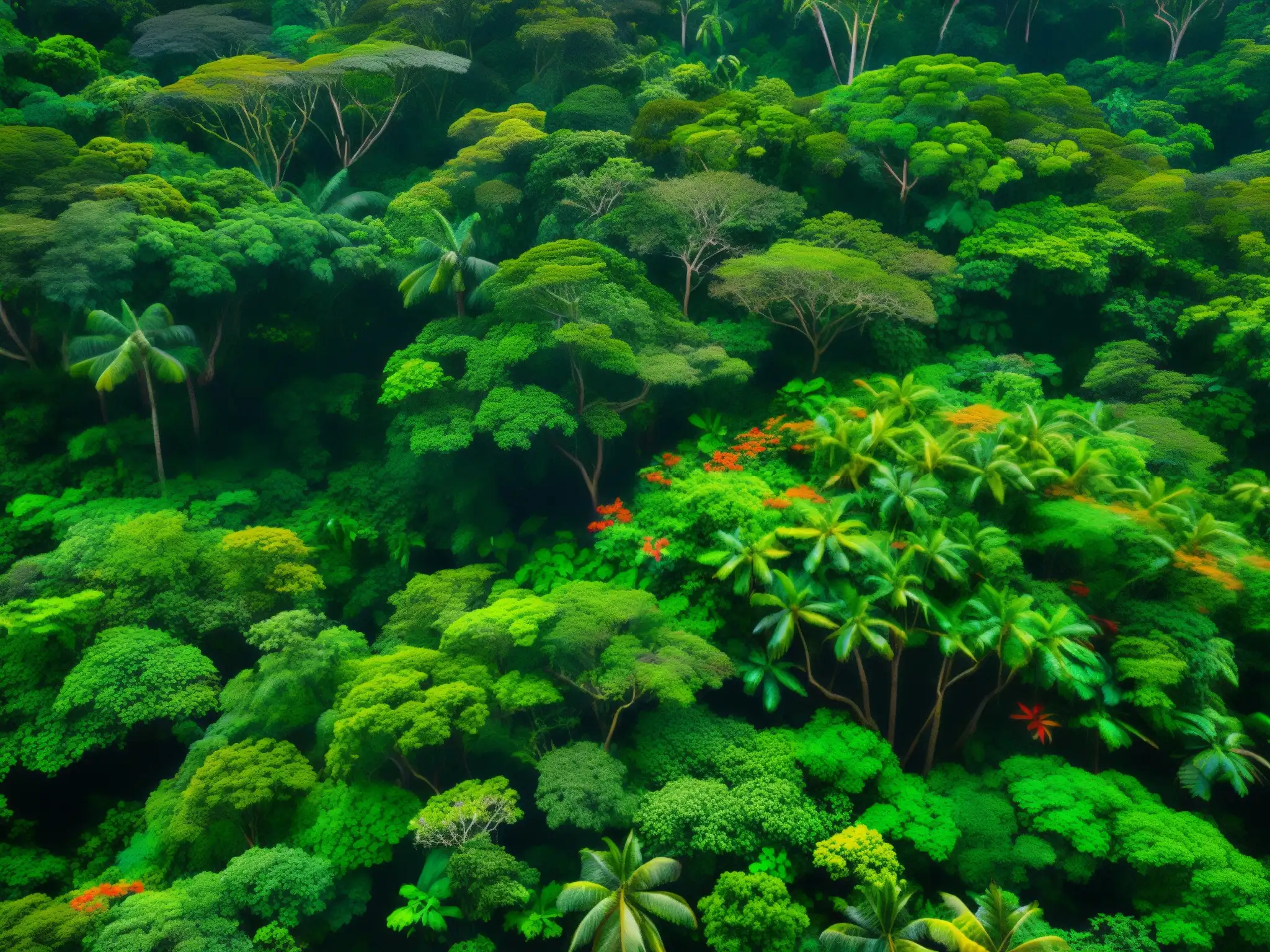 Vista aérea de exuberante selva tropical con luz solar filtrándose a través del dosel, resaltando la biodiversidad