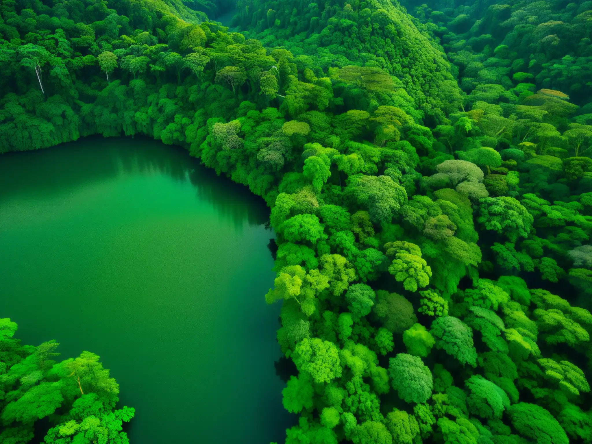 Vista aérea de un exuberante y virgen dosel de selva tropical, con follaje verde vibrante