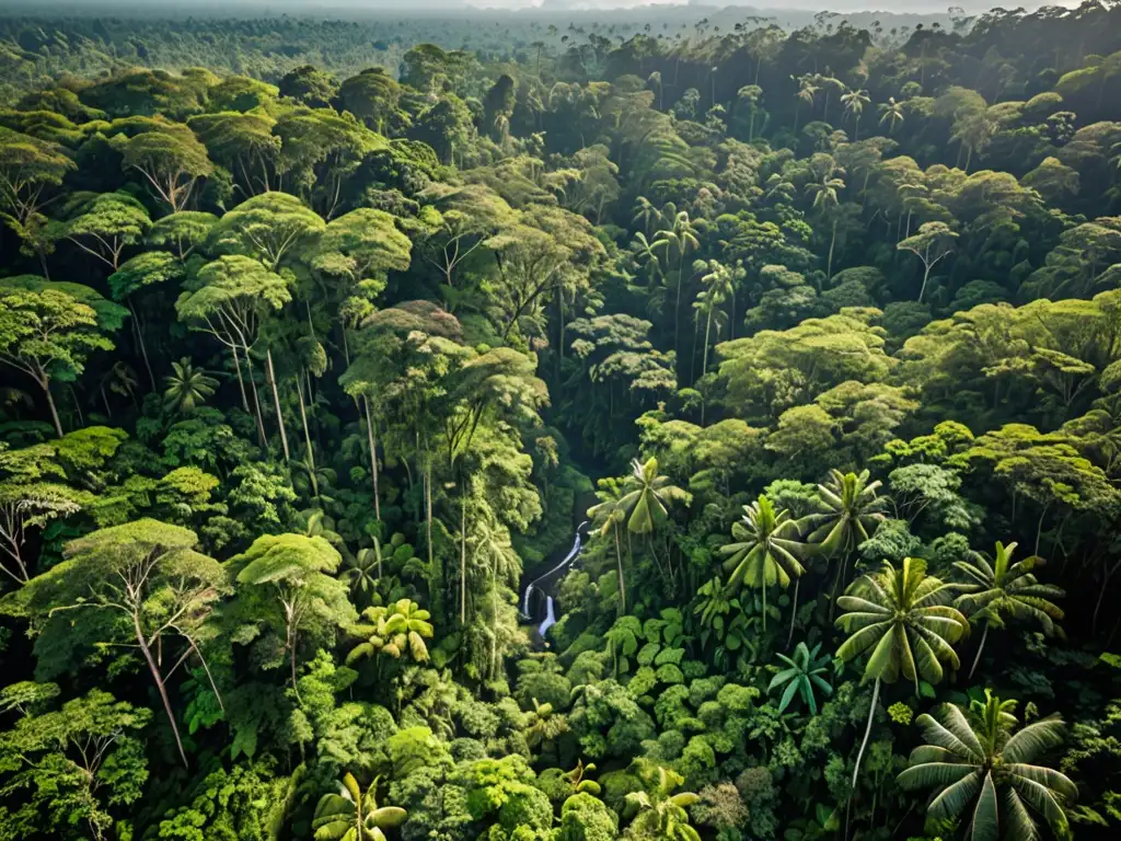 Vista aérea de exuberante selva en Indonesia, con árboles imponentes y diversa vida silvestre