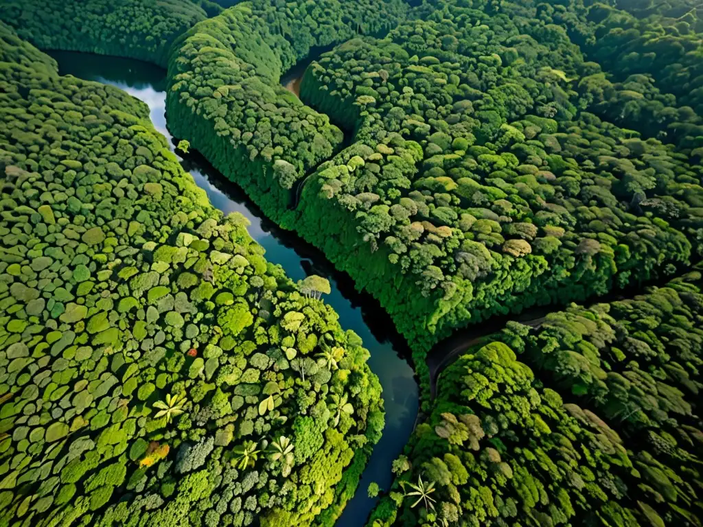 Vista aérea de la exuberante selva de Costa Rica, con su frondosa vegetación verde y un río serpenteante, reflejando la biodiversidad