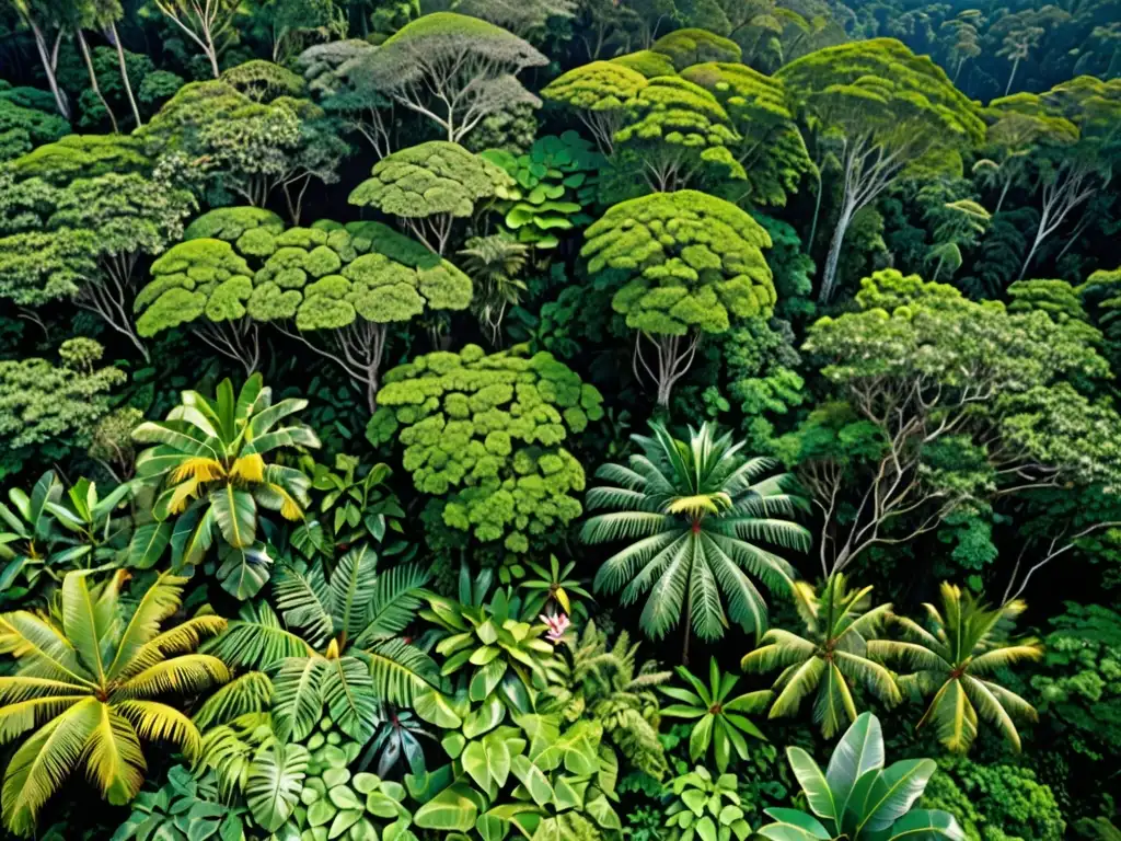 Vista aérea de exuberante selva tropical, con diversidad de árboles y follaje verde