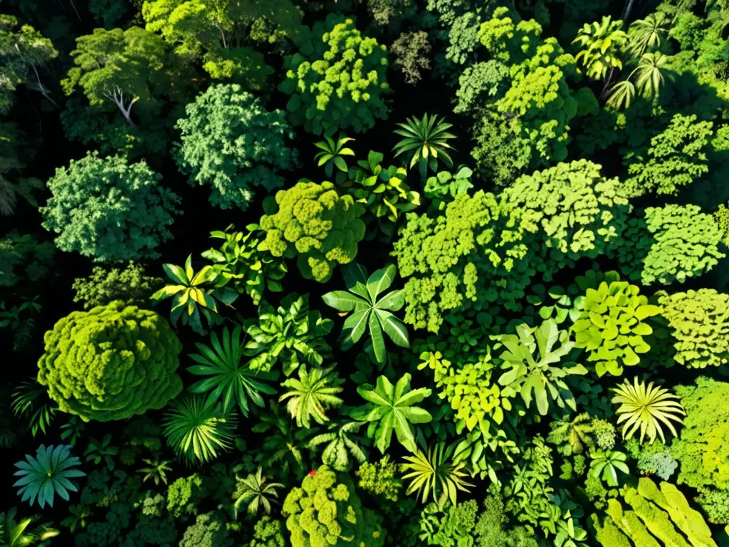 Vista aérea de exuberante selva lluviosa, resaltando la biodiversidad y el impacto legal de la biotecnología en el cambio climático