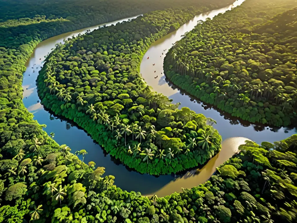 Vista aérea de exuberante selva con río