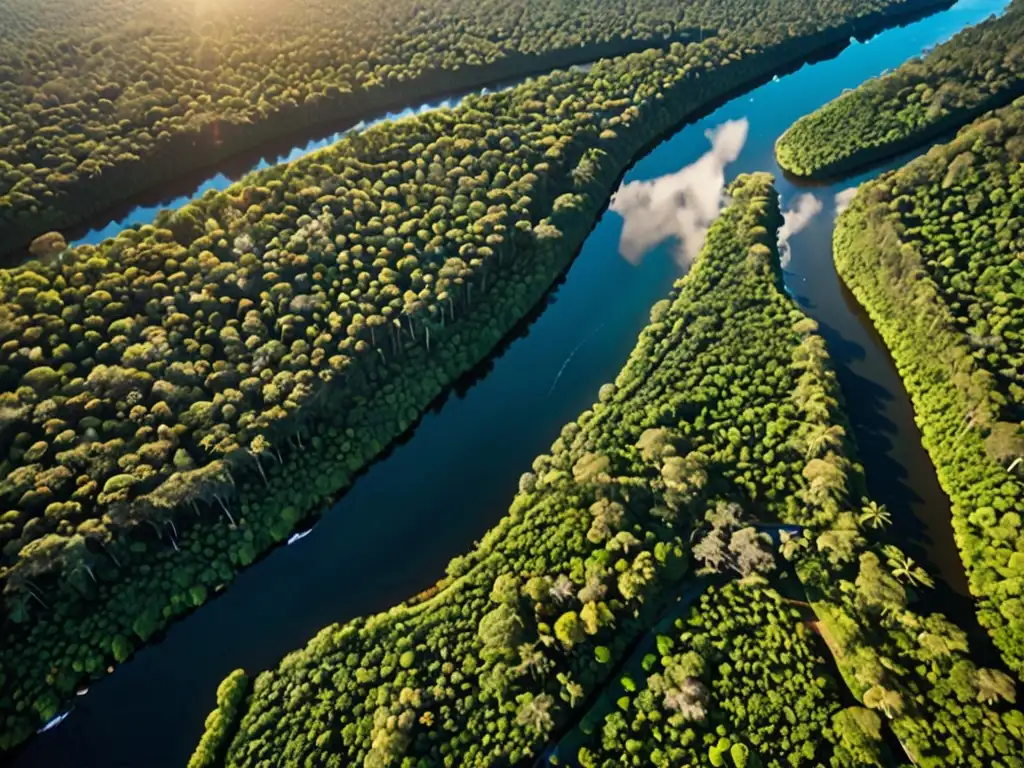 Territorio indígena: Belleza natural y defensa comunitaria Vista aérea de exuberante territorio indígena, con bosques densos, ríos sinuosos y diversa flora y fauna
