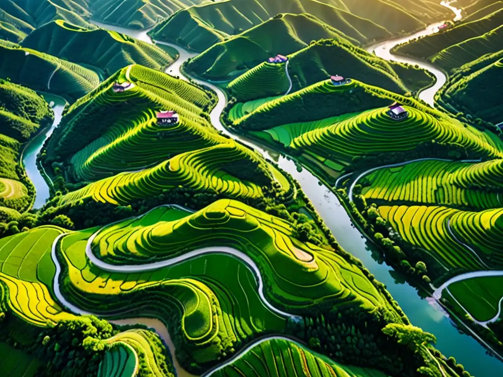 Una vista aérea exuberante y vibrante del campo chino, con colinas ondulantes, vegetación exuberante y un río serpenteante