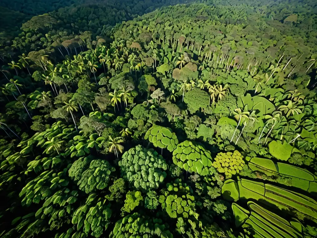 Vista aérea de exuberantes bosques tropicales en Indonesia, con un dosel diverso de vegetación que se extiende hasta donde alcanza la vista