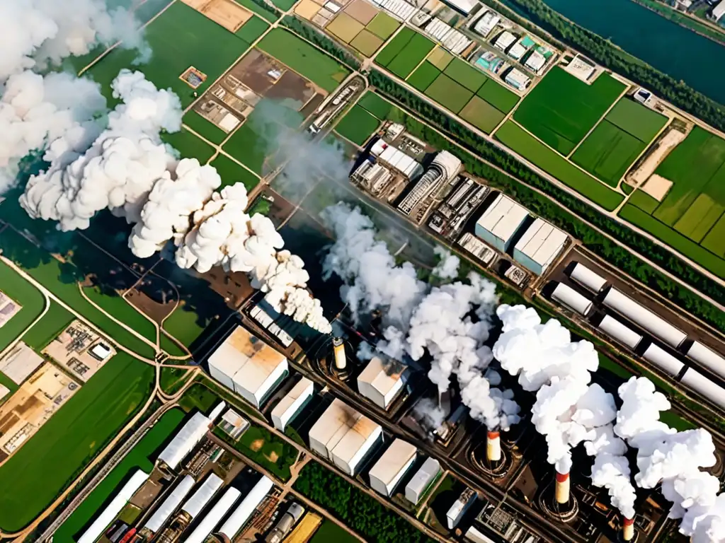 Vista aérea de fábricas emitiendo humo y contaminación, con frontera entre países