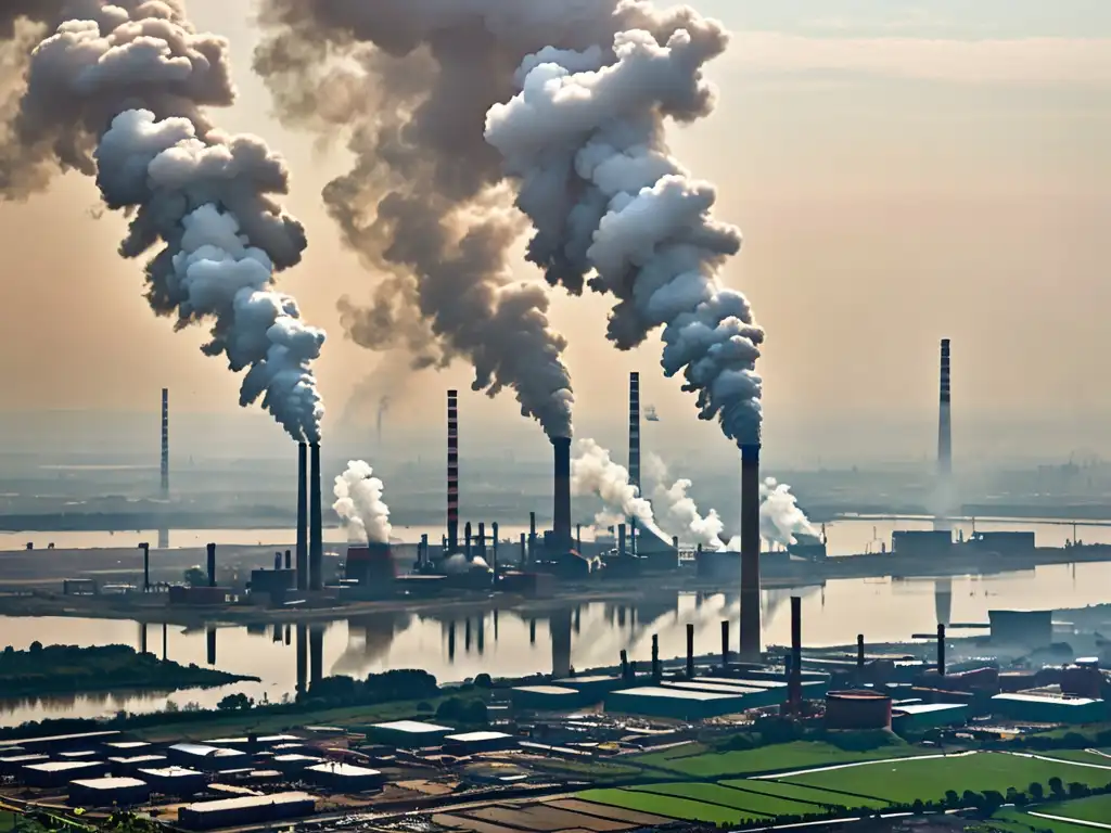 Vista aérea de fábricas y plantas industriales cerca de una frontera, con humeantes chimeneas liberando densas columnas de contaminación