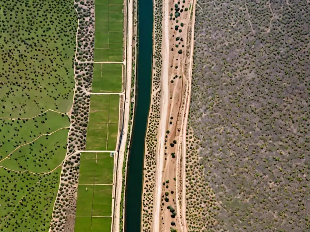 Vista aérea de la frontera compartida entre Estados Unidos y México, mostrando contraste entre paisajes