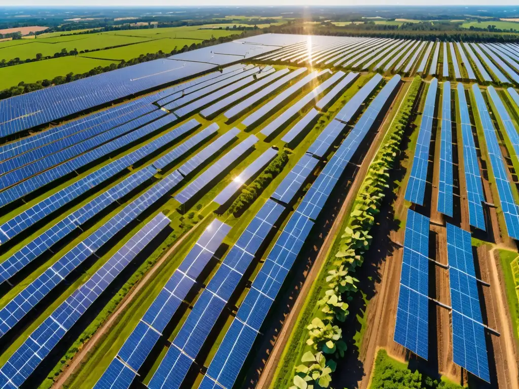 Vista aérea de una gigantesca granja solar, con paneles relucientes en medio de exuberante vegetación y cielos azules