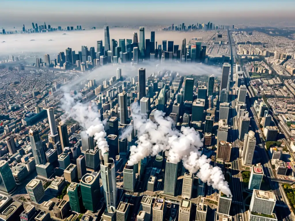 Vista aérea de una gran ciudad con smog denso y cielos azules, destacando el impacto de las normativas calidad aire impacto global