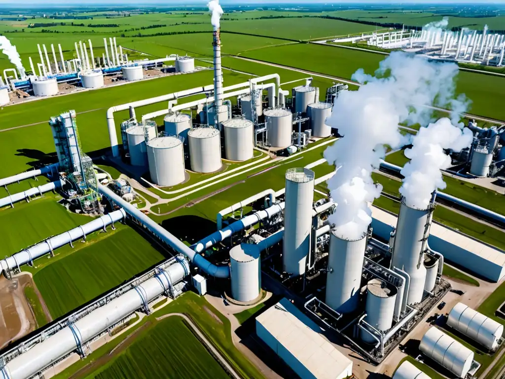 Vista aérea de una gran instalación industrial de captura y almacenamiento de carbono, con trabajadores monitoreando las operaciones