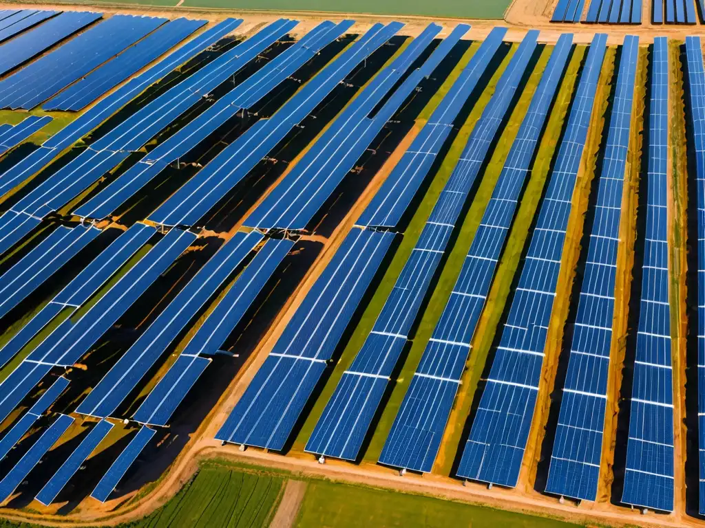 Vista aérea de una granja solar con paneles que se extienden bajo un cielo azul