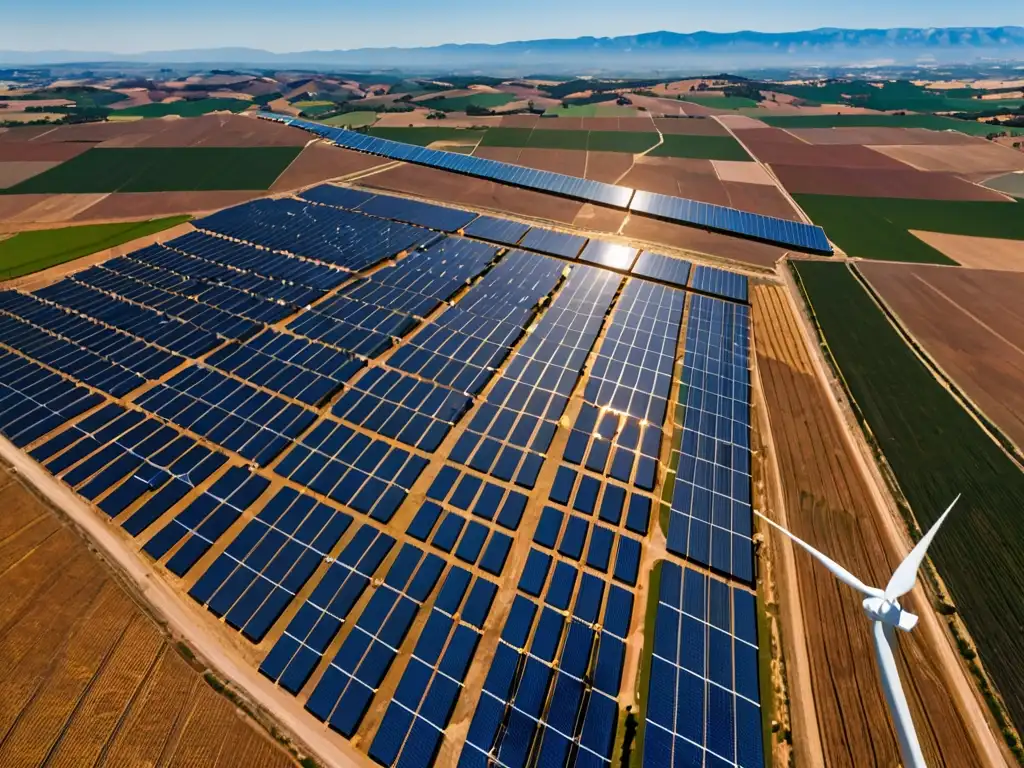 Vista aérea de granja solar en España con paneles relucientes y molinos eólicos, integración de energías renovables en red eléctrica