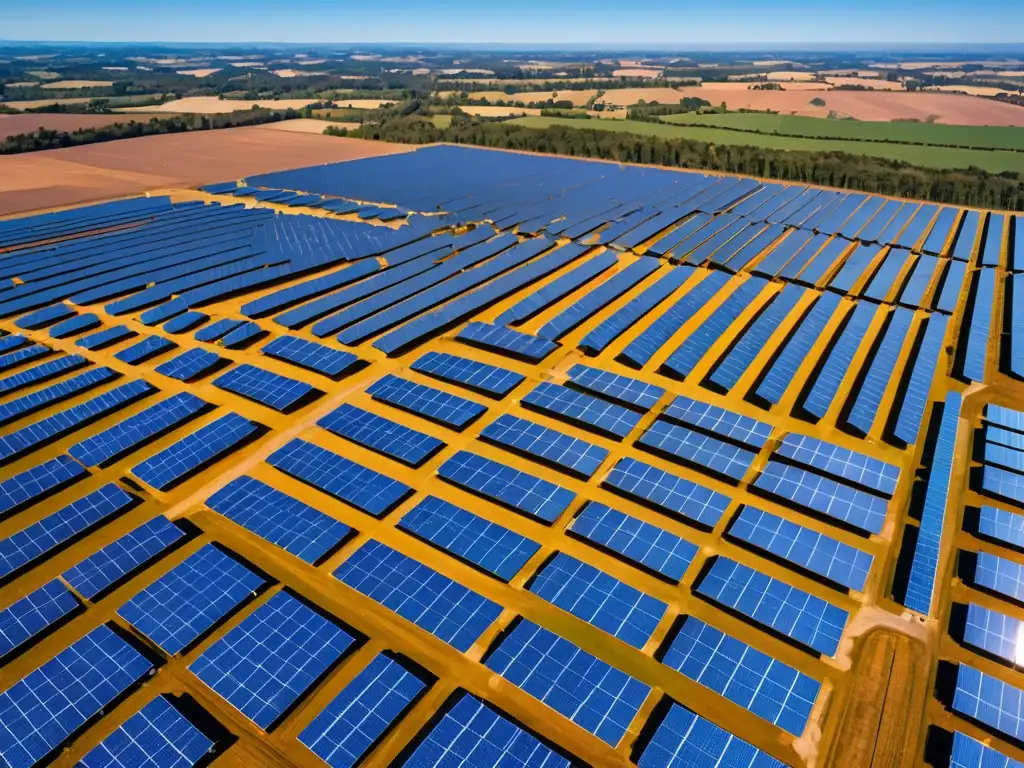 Vista aérea de granja solar con paneles relucientes, bajo cielo azul