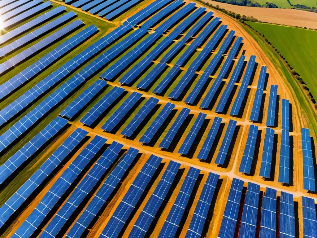 Vista aérea de una granja solar con paneles relucientes, en armonía con la naturaleza