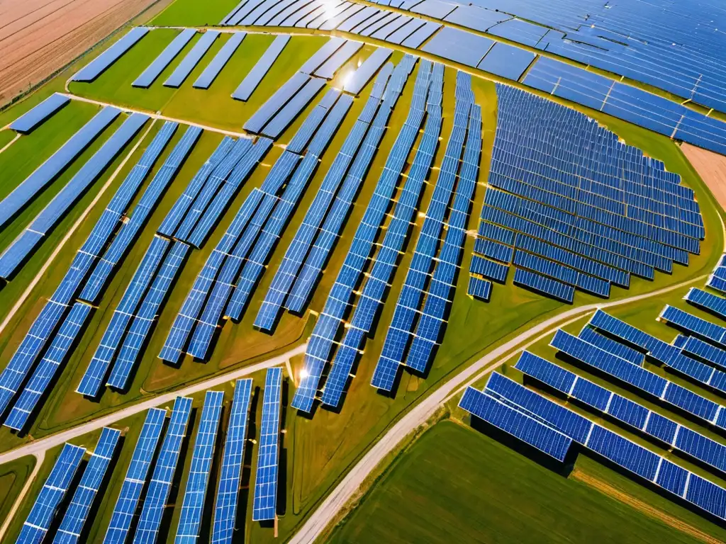 Vista aérea de granja solar en Alemania con paneles relucientes en perfecta armonía