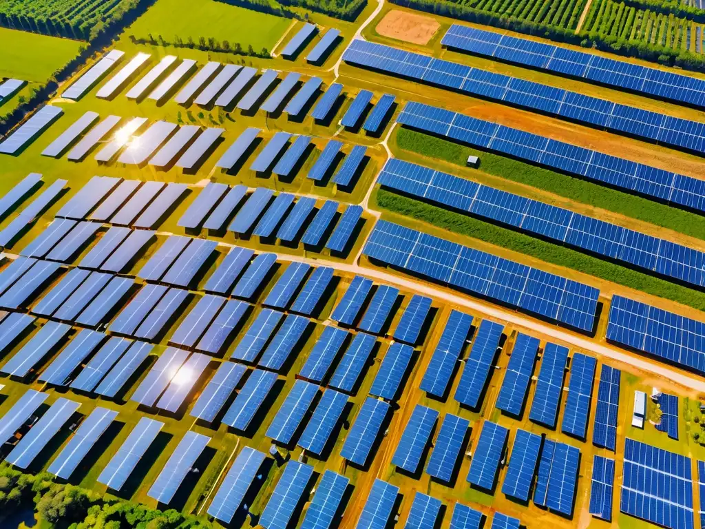 Vista aérea de una granja solar con paneles fotovoltaicos brillando al sol, rodeada de vegetación exuberante y cielos azules