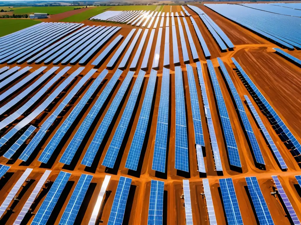 Vista aérea de granja solar con paneles relucientes bajo cielo azul