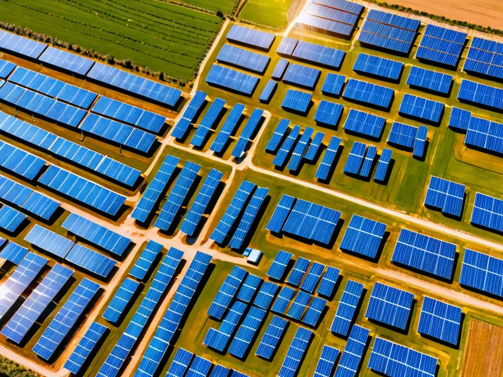 Vista aérea de una granja solar en el campo europeo, con paneles fotovoltaicos brillando bajo el sol