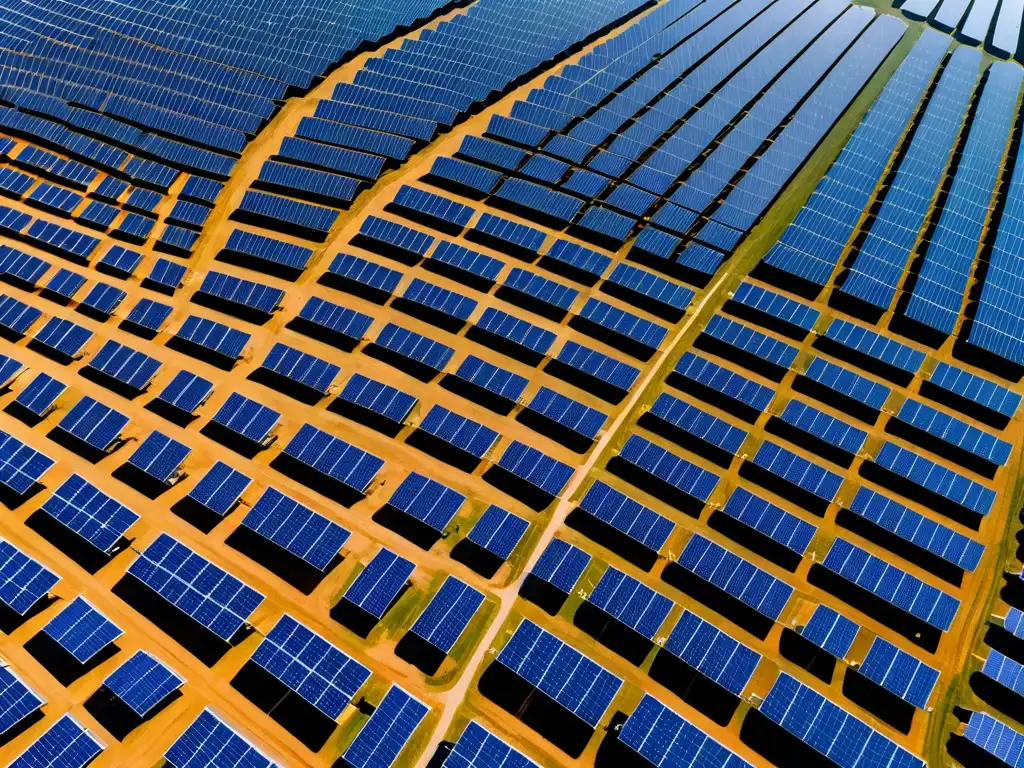 Vista aérea de una granja solar con paneles relucientes bajo el cielo azul, mostrando la evolución global de la legislación tecnología limpia