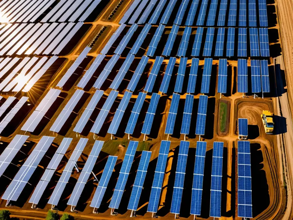 Vista aérea de una granja solar con trabajadores inspeccionando paneles solares, destacando normativas energía solar desarrollo sostenible