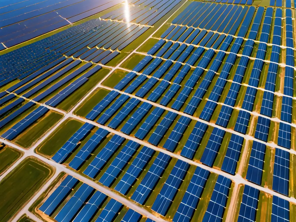 Vista aérea de una granja solar con paneles brillantes bajo un cielo azul