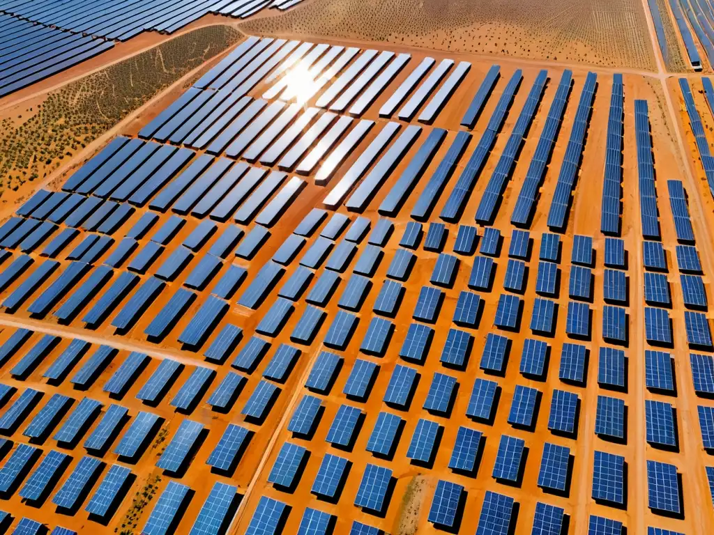 Vista aérea de una granja solar en un paisaje árido, reflejando los mecanismos de cumplimiento en energía renovable y su impacto en el medio ambiente