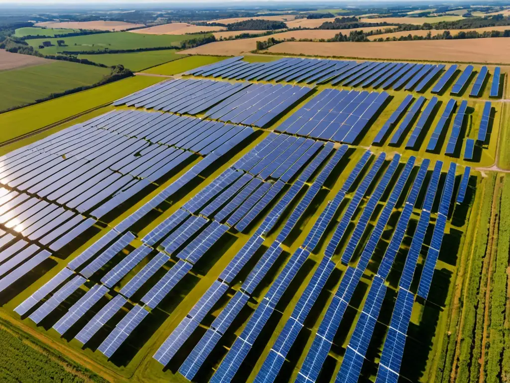 Vista aérea de una granja solar con paneles relucientes en el sol