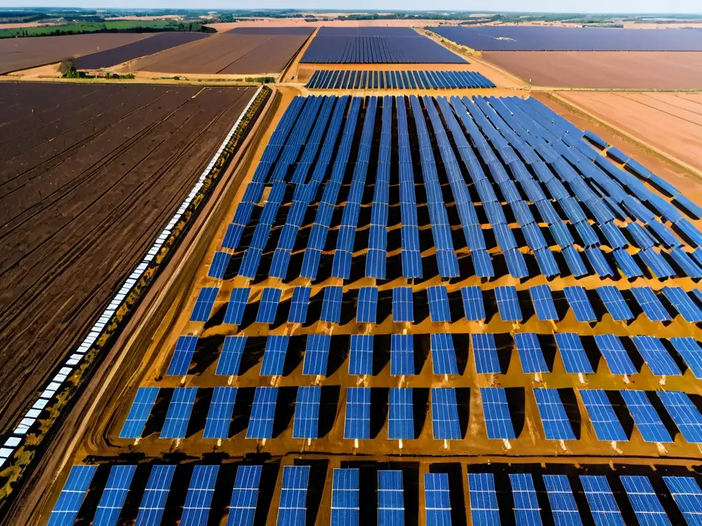 Vista aérea de granja solar con paneles relucientes bajo cielos azules, destacando acuerdos internacionales energías renovables