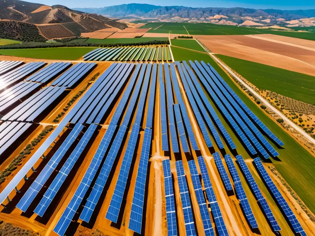 Vista aérea de granja solar y molinos de viento en España, reflejando armonía entre tecnología y naturaleza