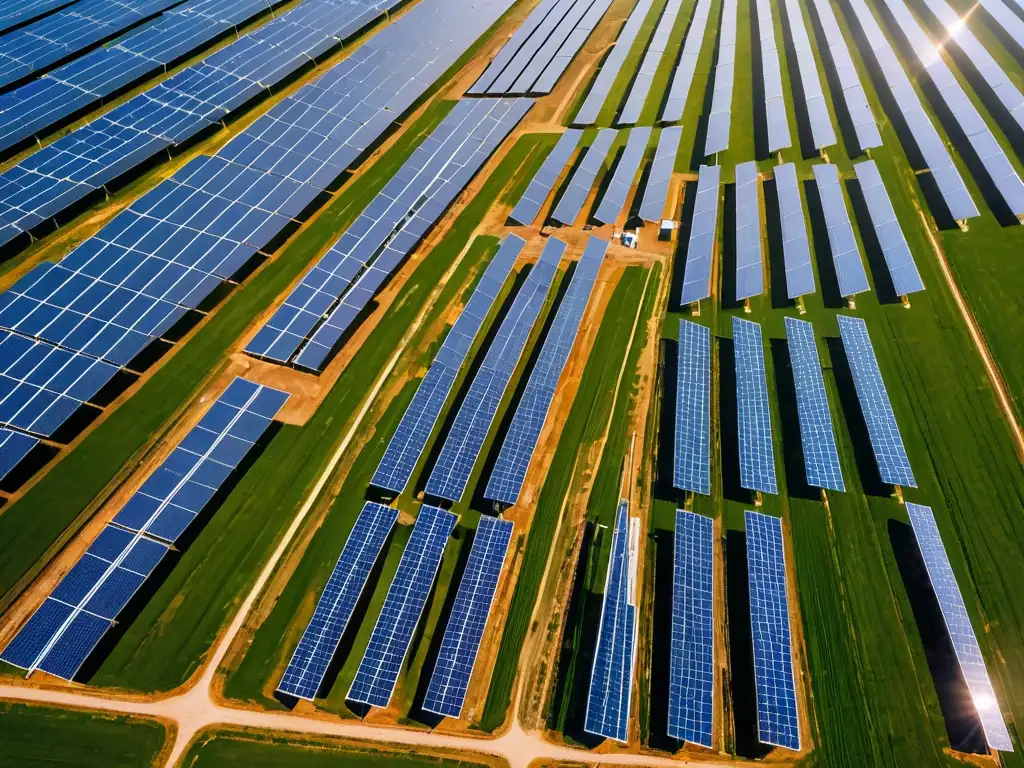 Vista aérea de granja solar con paneles fotovoltaicos bajo cielo azul