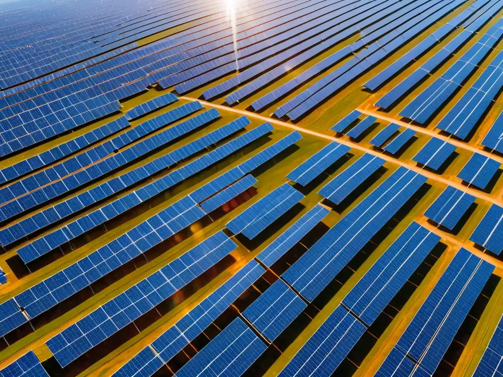 Vista aérea de una granja solar con paneles alineados, bajo un cielo azul