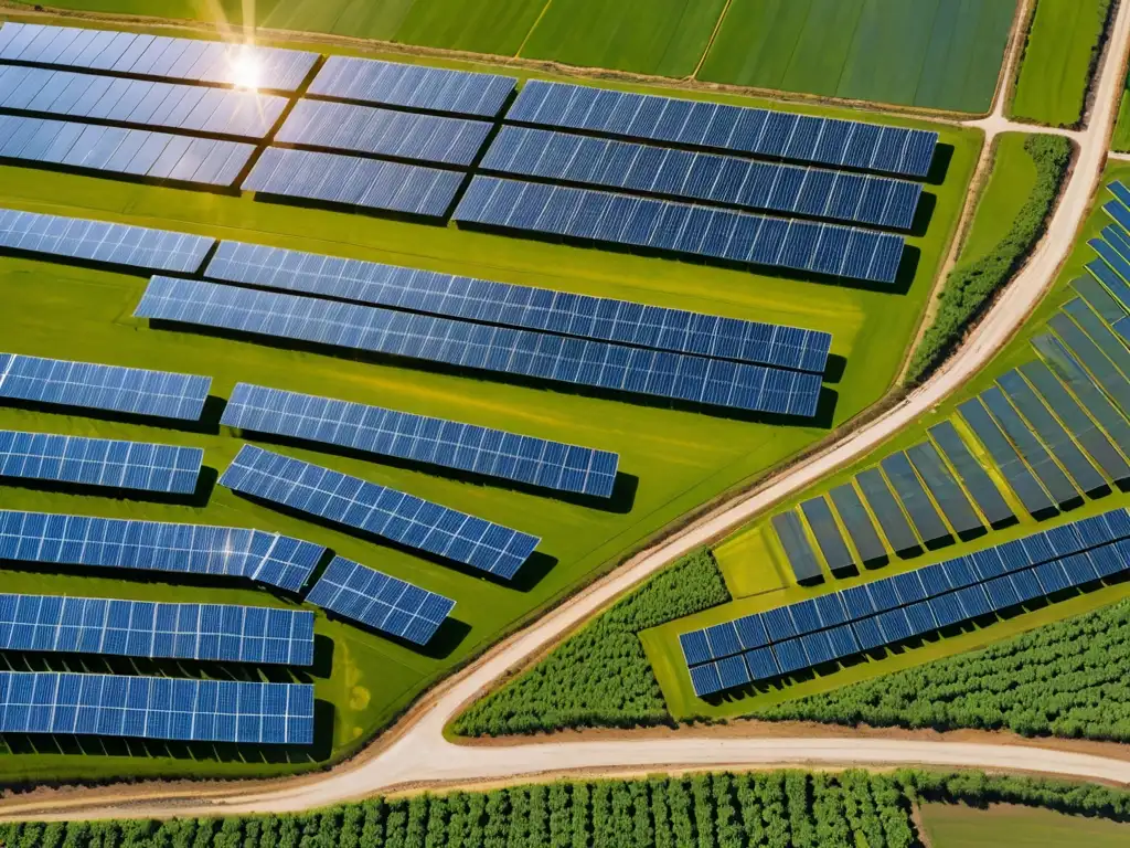 Vista aérea de granja solar, paneles relucientes en paisaje verde, armonía entre tecnología y naturaleza