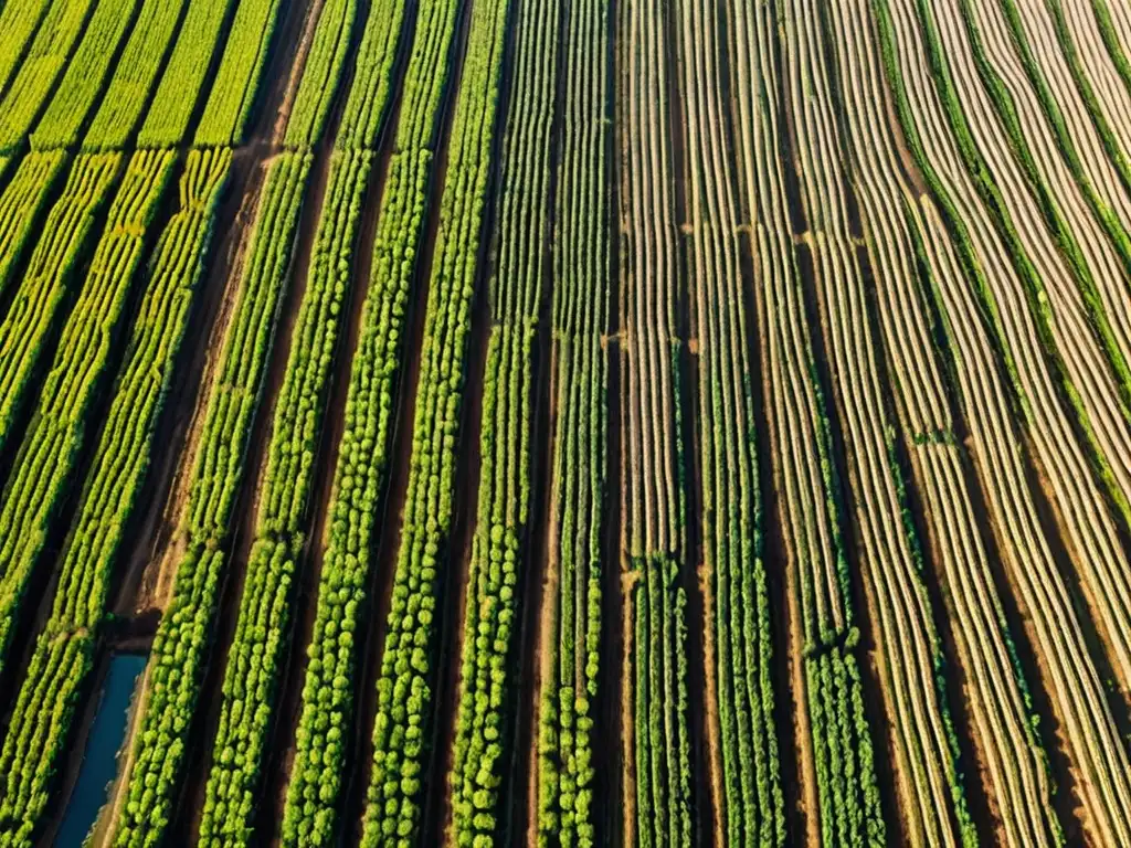 Vista aérea de granja sostenible con cultivos variados en armonía