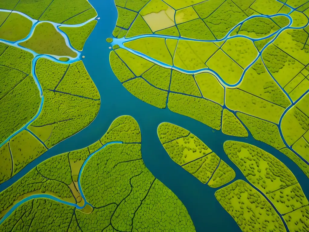 Vista aérea de humedal con diversa vida silvestre y red de agua