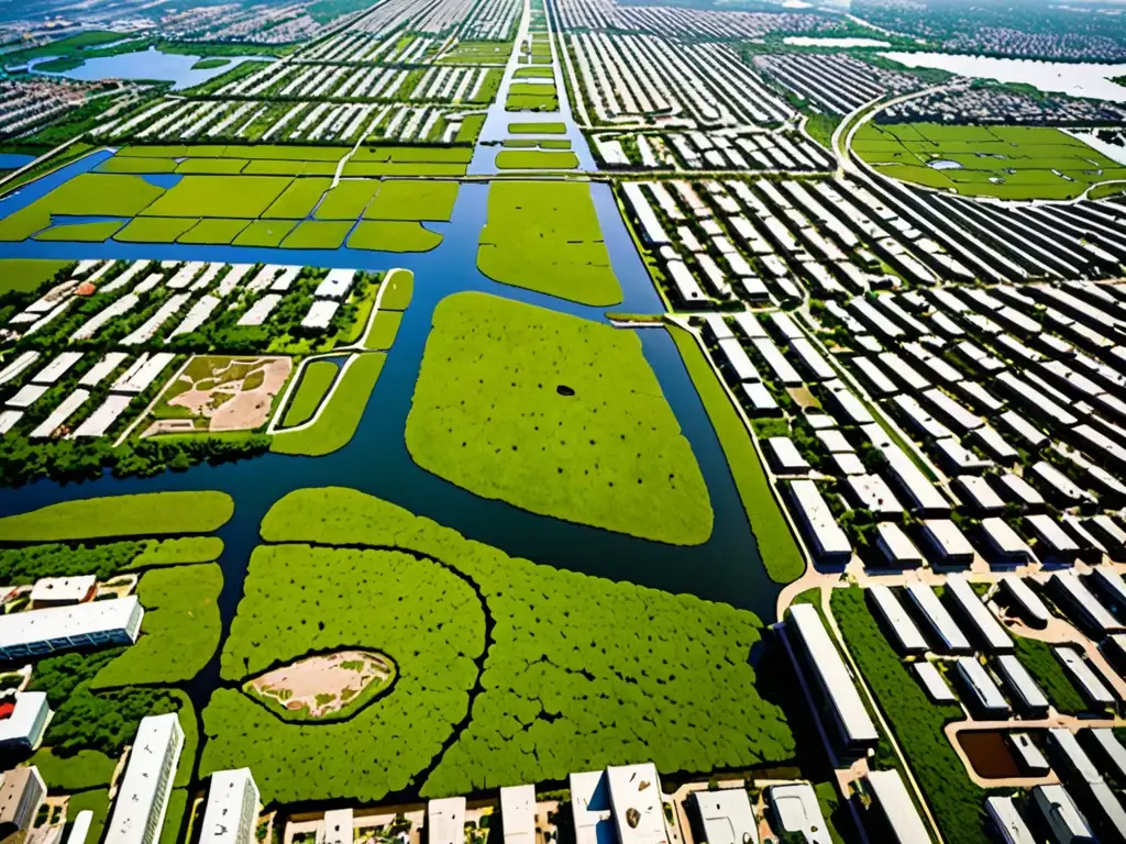 Vista aérea de humedales urbanos, resalta la importancia de proteger la biodiversidad en entornos urbanos