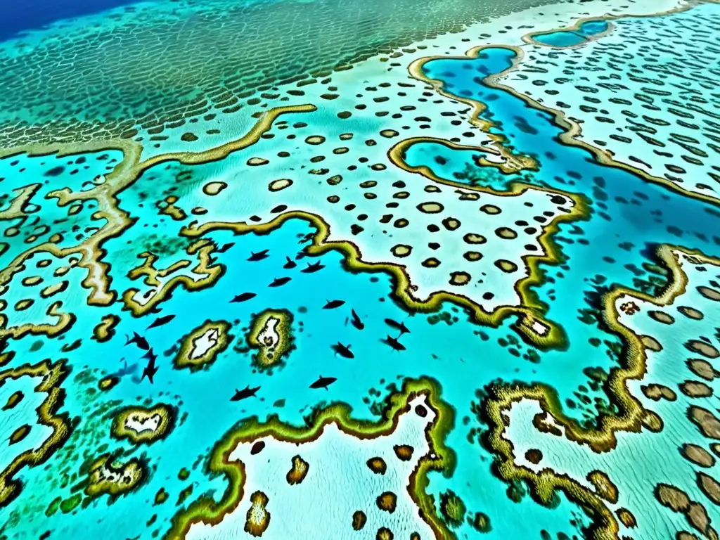 Vista aérea impactante del arrecife de coral en Australia, destacando sus vibrantes colores y aguas cristalinas