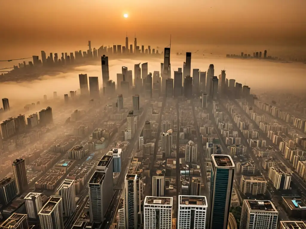 Vista aérea impactante de una ciudad envuelta en smog, con rascacielos emergiendo entre la neblina