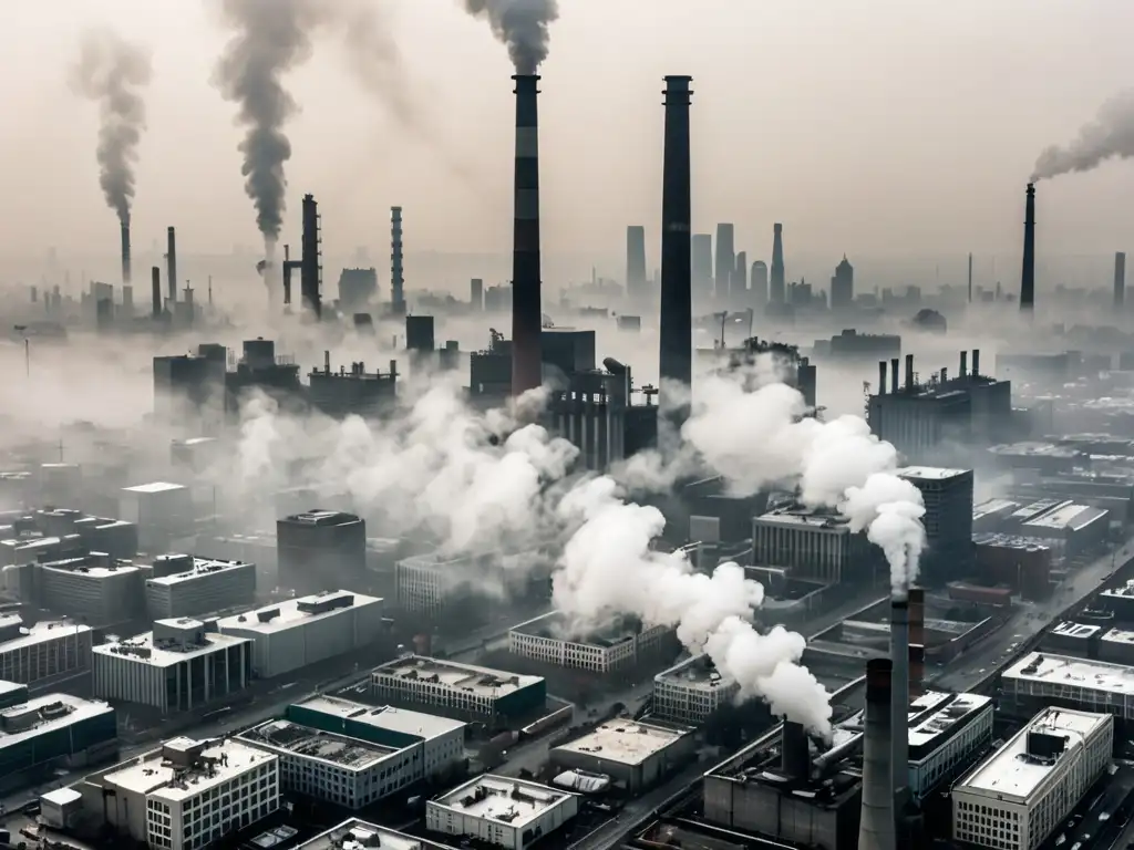 Vista aérea impactante de una ciudad envuelta en smog, con humo industrial y tráfico contribuyendo a la contaminación del aire